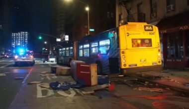 MTA bus plows into parked cars, damages outdoor dining structure on Upper East Side in NYC