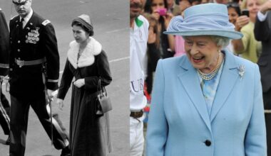 Queen Elizabeth II in Chicago wearing Norman Hartnell, 1959 (left), and at the Cartier Queen's Cup Polo Tournament, London, in Angela Kelly, 2012 (right).
