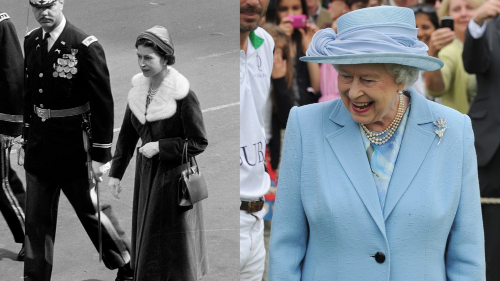 Queen Elizabeth II in Chicago wearing Norman Hartnell, 1959 (left), and at the Cartier Queen's Cup Polo Tournament, London, in Angela Kelly, 2012 (right).