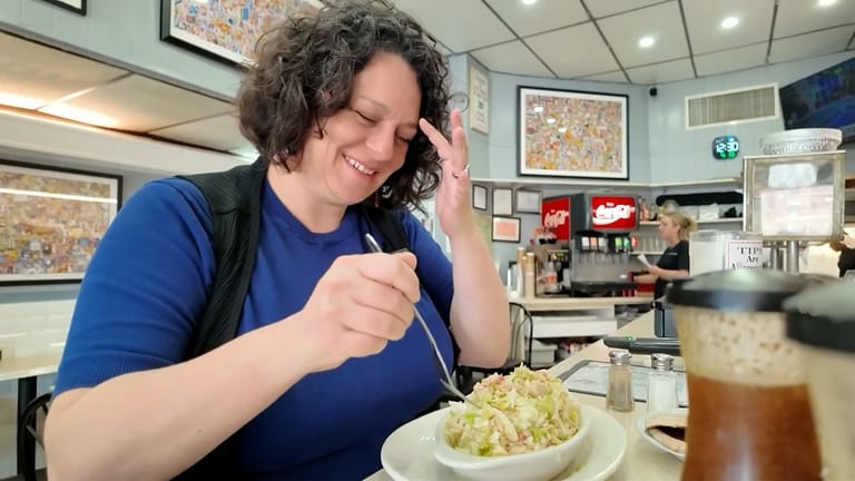 Newsday food writer Andi Berlin tries the mish salad.