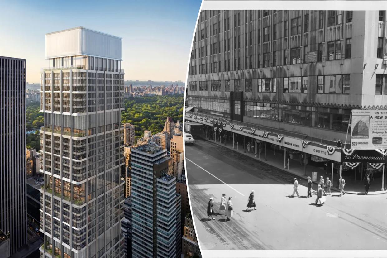 An image collage containing 2 images, Image 1 shows Illustration of a tall, modern skyscraper with a white top amidst other buildings, with Central Park visible in the background, Image 2 shows A birds-eye view of Madison Avenue between 58th and 59th Streets, with a red and yellow bridge extending along the street