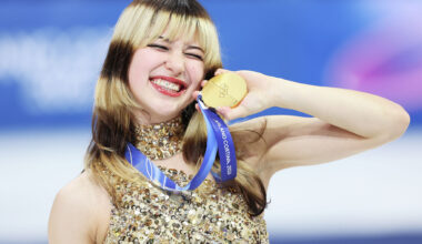 Gold medalist Alysa Liu of Team United States celebrates on the podium during the medal ceremony at the Milano Cortina 2026 Winter Olympics at Milano Ice Skating Arena on February 19, 2026 in Milan, Italy.
