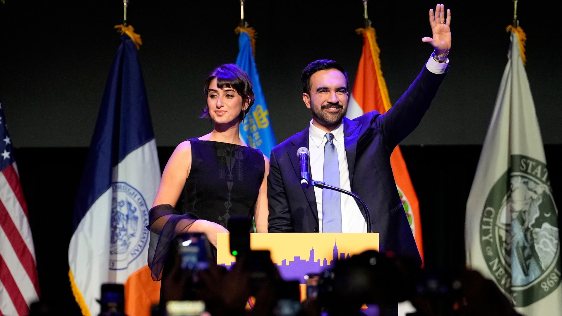 FILE - Mayor-elect Zohran Mamdani, right, and his wife, Rama Duwaji, react to supporters during an election night watch party, Nov. 4, 2025, in New York.