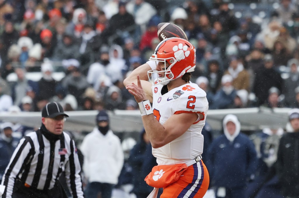 Clemson Tigers quarterback Cade Klubnik #2 throws a pass.