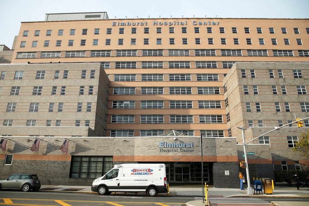 Exterior view of Elmhurst Hospital  in New York, US, on April 25, 2020. Elmhurst Hospital Trauma Center 