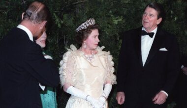 Queen Elizabeth II and the Duke of Edinburgh attend a dinner at the M.H. de Young Memorial Museum in San Francisco during their American state visit on March 3, 1983 (National Archives and Records Administration)