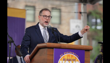 NEW YORK, NEW YORK, United States, April 15, 2026: More than 10,000 32BJ SEIU building service workers rally alongside New York City Comptroller Mark D. Levine, Mayor Zohran Mamdani, union leaders and elected officials ahead of a potential strike vote, as 34,000 workers push for stronger contract protections, healthcare benefits, and wage increases amid rising living costs in New York City. (Photo: Luiz Rampelotto/EuropaNewswire/Sipa USA)
