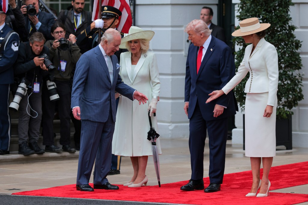 President Donald Trump and Melania Trump greet King Charles III and Queen Camila to the White House.