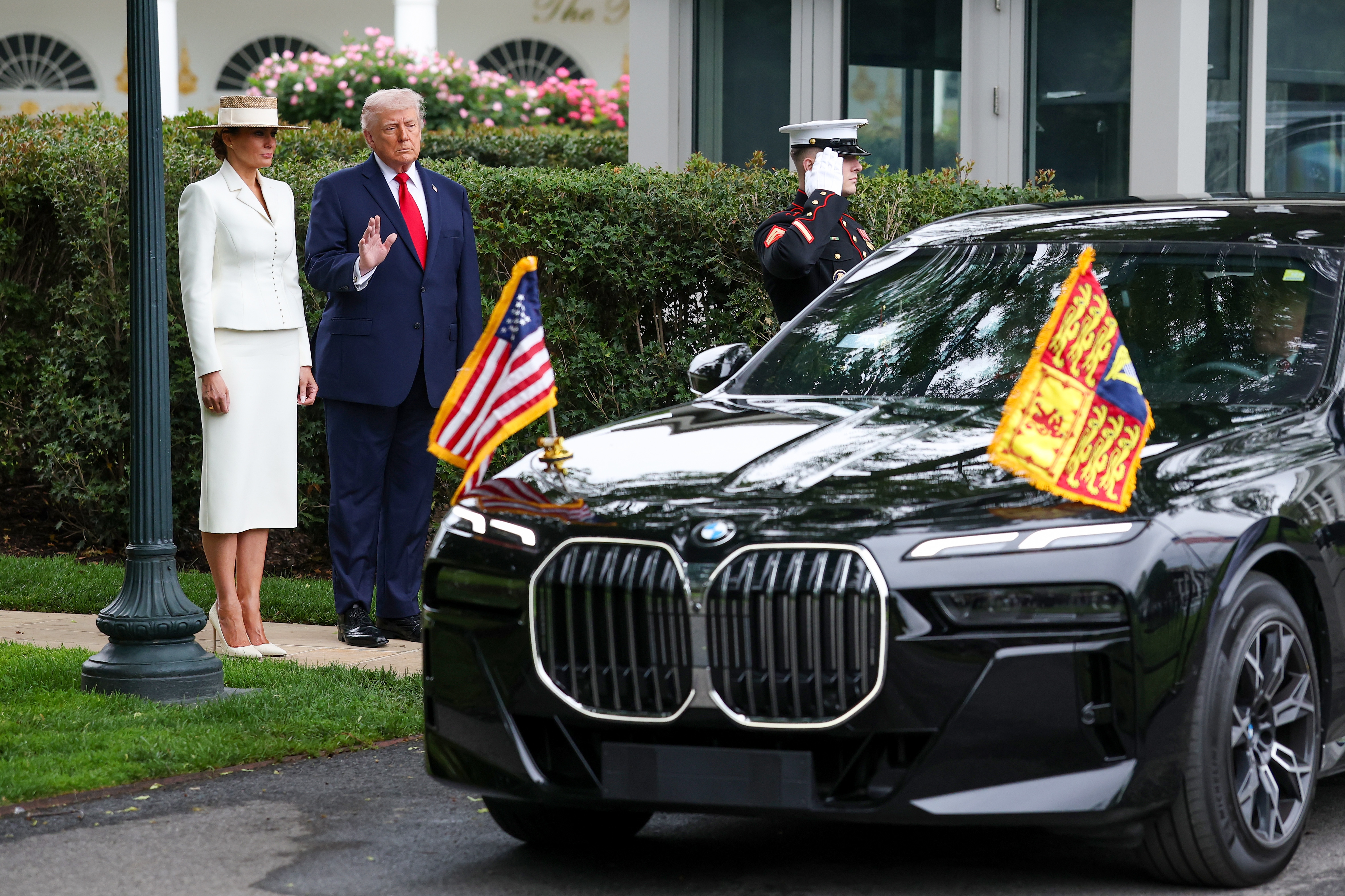 Melania Trump and President Donald Trump wave goodbye to King Charles III and Queen Camilla.