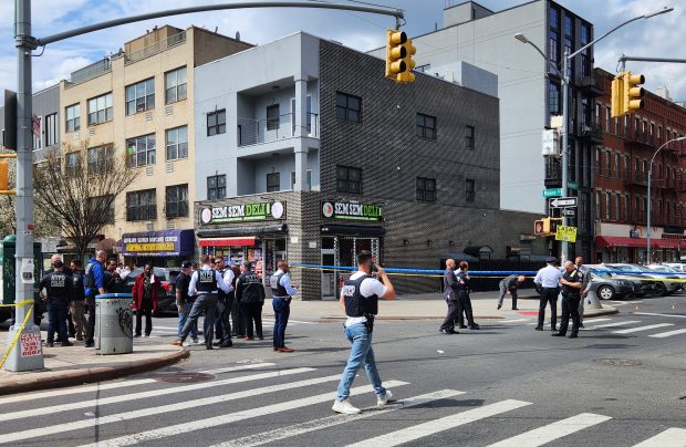 Police investigate after a 7-month-old baby girl in a stroller was fatally shot near Humboldt and Moore Sts. in East Williamsburg, Brooklyn, on Wednesday, April 1, 2026. (Gardiner Anderson / New York Daily News)