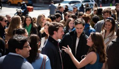 Young adults congregate in fellowship outside of St. Joseph Catholic Church in Greenwich Village.