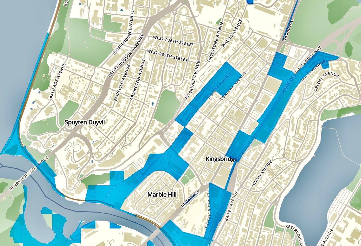 The New York Botanical Garden&rsquo;s blue zone map, seen here, pinpoints several areas vulnerable to flooding throughout greater Riverdale.