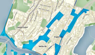The New York Botanical Garden&rsquo;s blue zone map, seen here, pinpoints several areas vulnerable to flooding throughout greater Riverdale.
