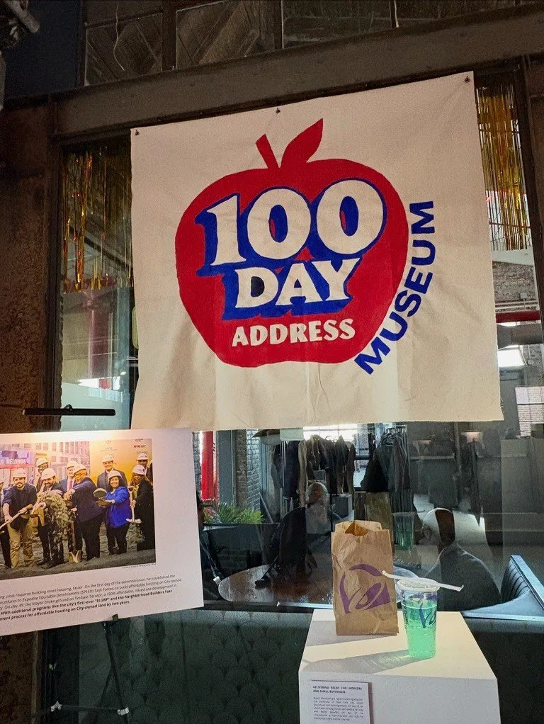 The event featured a "100 Day Address Museum," with exhibits featuring what his administration framed as its key achievements. Photo courtesy of Allaire Conte.