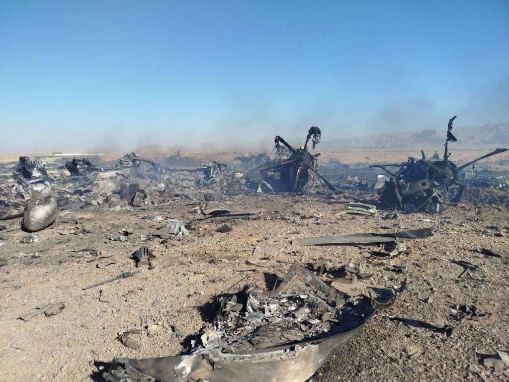 Wreckage is seen from what Iranian authorities say is a U.S. military helicopter that crashed during a mission to rescue the missing American pilot of an F-15E that was downed earlier this week, in a handout image provided on April 5, 2026 in an location in Iran.