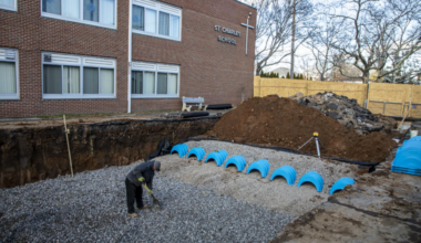 Subsurface stormwater storage chambers in construction