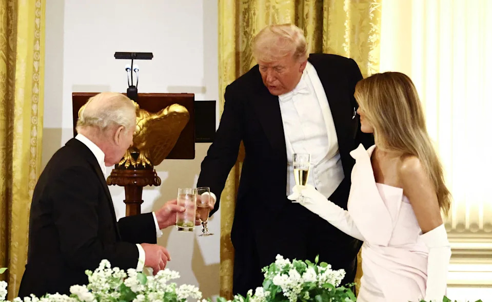 Henry Nicholls/AFP via Getty Images - PHOTO: President Donald Trump, First Lady Melania Trump and Britain's King Charles III raise a toast as they attend a State Dinner in the East Room of the White House in Washington, April 28, 2026.