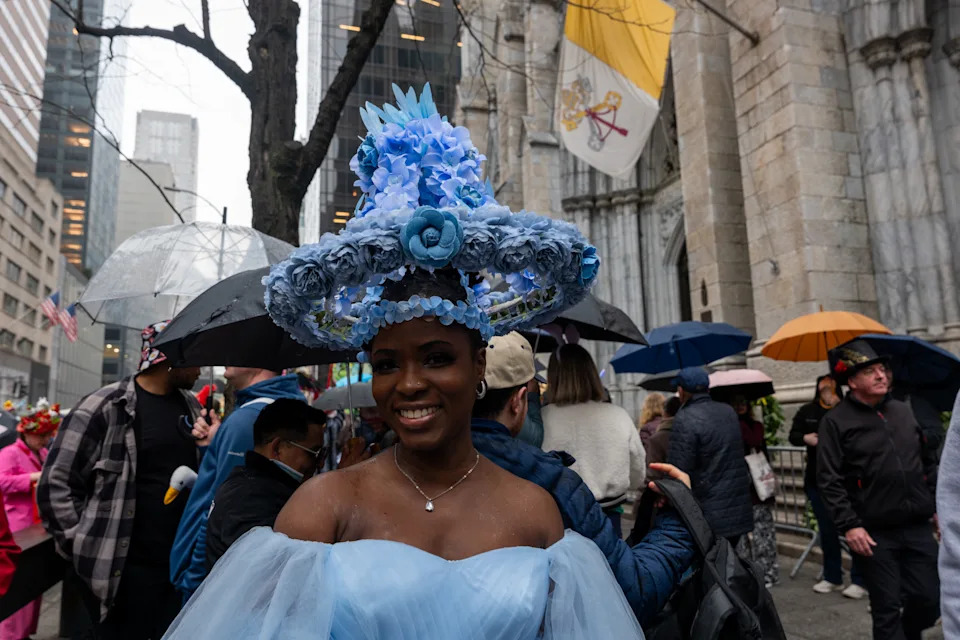 People dress in elaborate hats and costumes during the annual Easter Bonnet Parade and Festival outside of St. Patrick's Cathedral on Fifth Avenue on April 05, 2026 in New York City. (Photo by Spencer Platt/Getty Images)