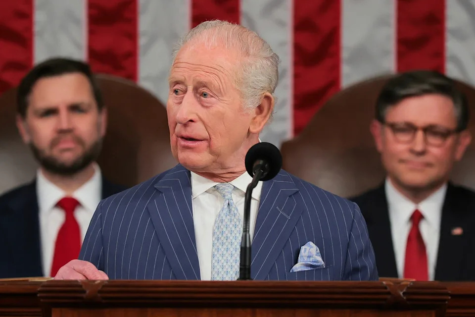 Kylie Cooper/AP - PHOTO: Britain's King Charles III addresses a joint meeting of Congress while Vice President JD Vance and House Speaker Mike Johnson listen in the House Chamber of the U.S. Capitol in Washington, April 28, 2026.