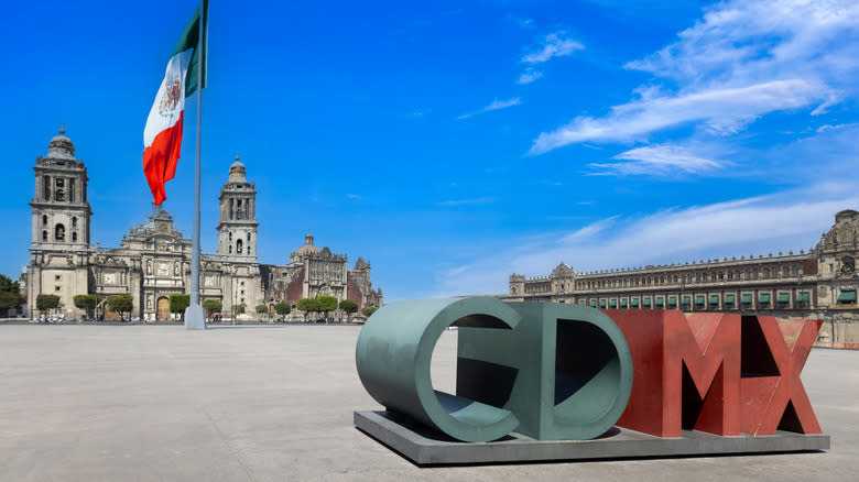 Mexico City's Zócalo, showing a sign reading 