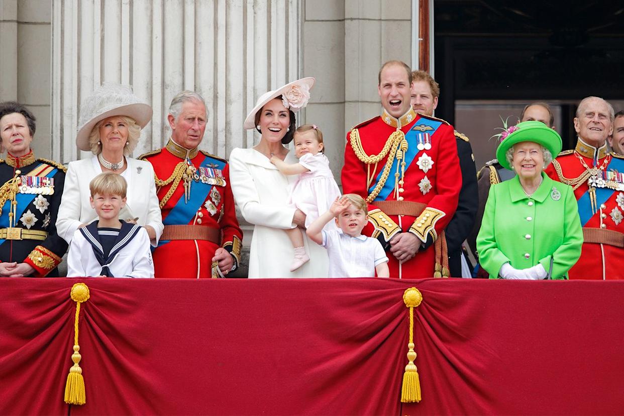 Princess Anne, Camilla, Duchess of Cornwall, Prince Charles, Kate Middleton, Princess Charlotte, Prince George, Prince William, Prince Harry, Queen Elizabeth, Prince Philip and more members of the royal family on the balcony of Buckingham Palace at Trooping the Colour on June 11, 2016.Credit: Max Mumby/Indigo/Getty