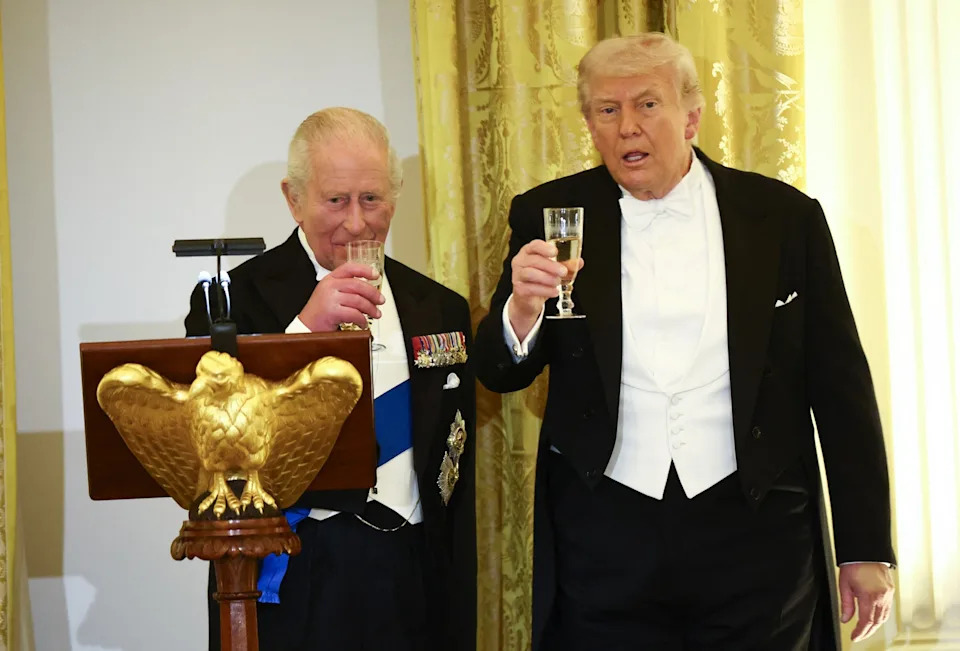 Henry Nicholls/AFP via Getty Images - PHOTO: President Donald Trump and Britain's King Charles III raise a toast during a State Dinner in the East Room of the White House in Washington, April 28, 2026.