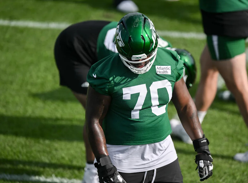 New York Jets offensive tackle Armand Membou participates in a drill during training camp at Atlantic Health Jets Training Center.