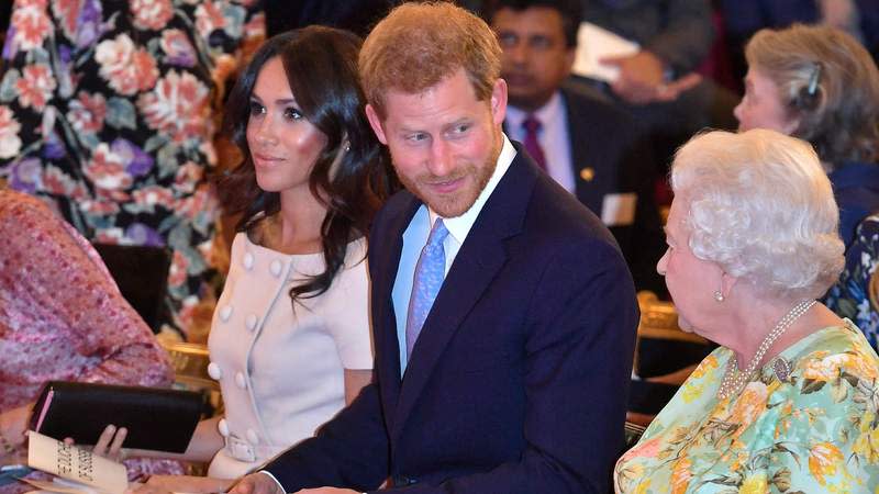 Meghan Markle, Prince Harry and Queen Elizabeth II attend the Young Leaders Awards Ceremony in 2018. By: MEGA