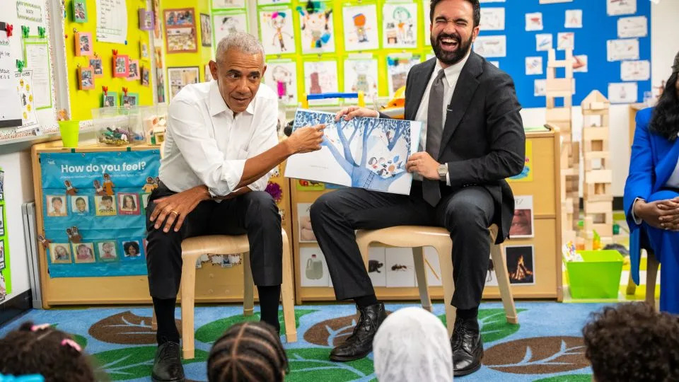 Former President Barack Obama, left, and Mayor Zohran Mamdani at Learning Through Play Pre-K in New York, on Saturday. - Angelina Katsanis/AP