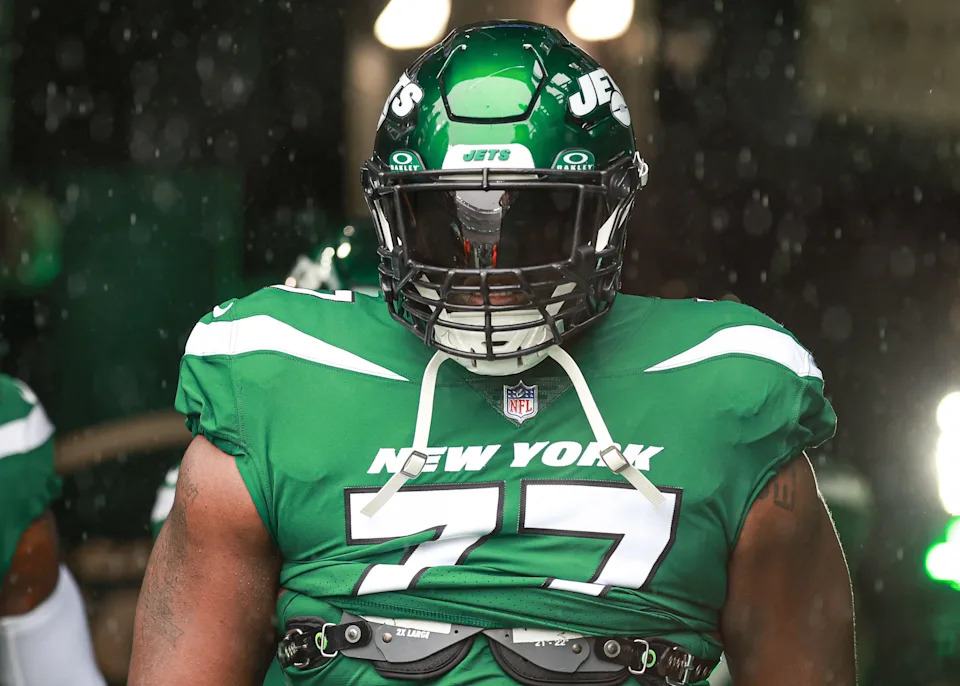New York Jets offensive tackle Mekhi Becton enters the field before the game against the Houston Texans at MetLife Stadium.