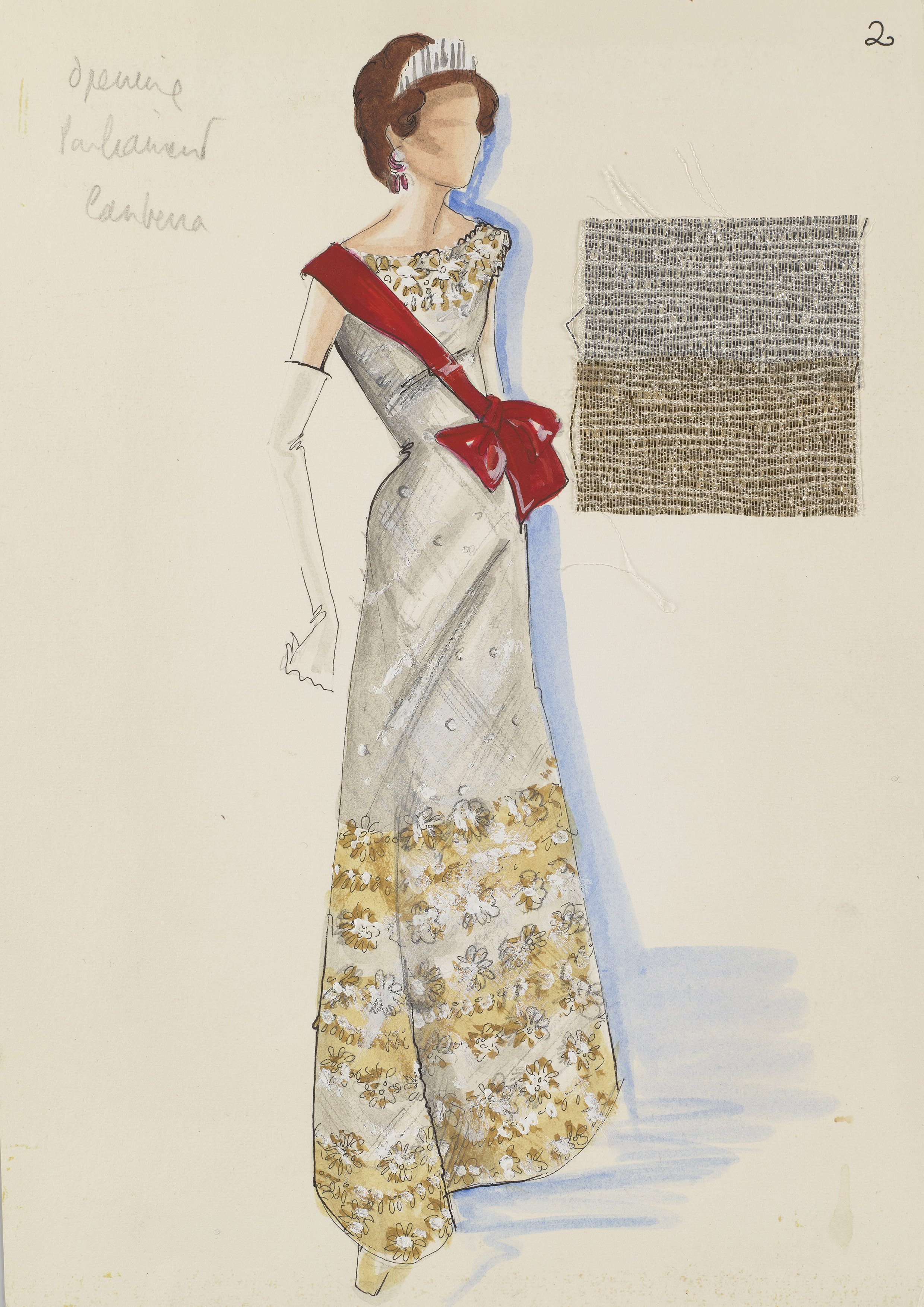 Sketch of a dress with gold beading below the knee and a red sash