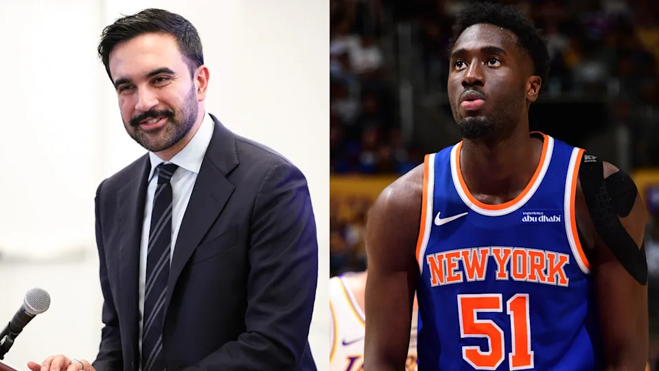 Split images. Left: New York Mayor Zohran Mamdani in a suit speaking at a podium. Right: The New York Knicks' Mohamed Diawara in a jersey with number 51 on the court.