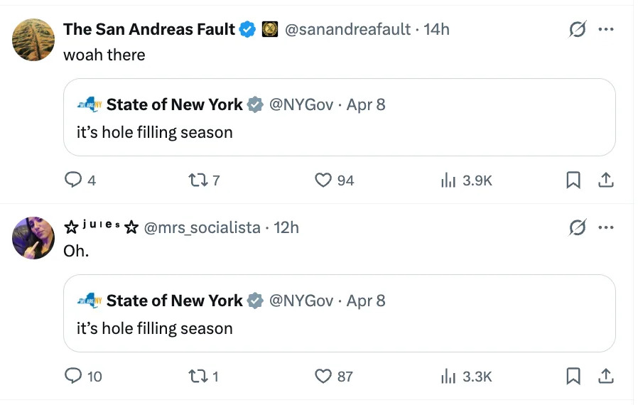Screenshot of tweets showing the New York government account announcing "it's hole filling season," with humorous reactions from users