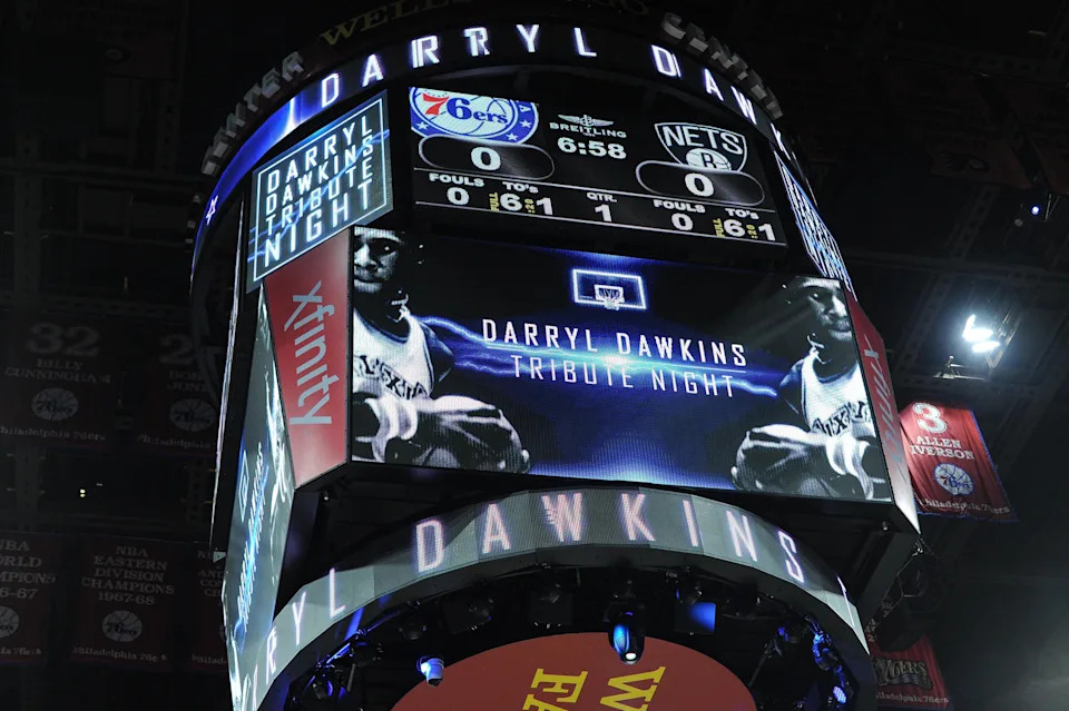 Feb 6, 2016; Philadelphia, PA, USA; The general view of the scoreboard at the Wells Fargo Center for the Darryl Dawkins Tribute Night prior to the game between the Philadelphia 76ers and the Brooklyn Nets. Mandatory Credit: John Geliebter-USA TODAY Sports