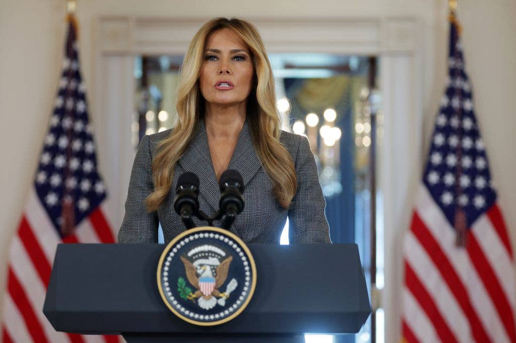 U.S. first lady Melania Trump delivers a statement in the Grand Foyer of the White House on April 9, 2026 in Washington, DC. 