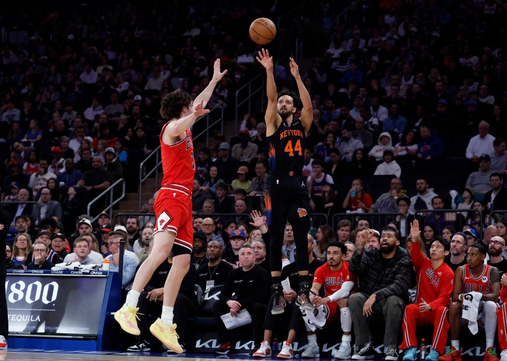 New York Knicks puts up a shot as guard Josh Giddey #3 of the Chicago Bulls defends during the first half at Madison Square Garden, Friday April 3rd, 2026, in New York, NY.