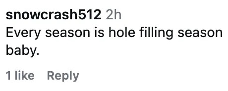 Instagram comment: "Every season is hole filling season baby." 1 like