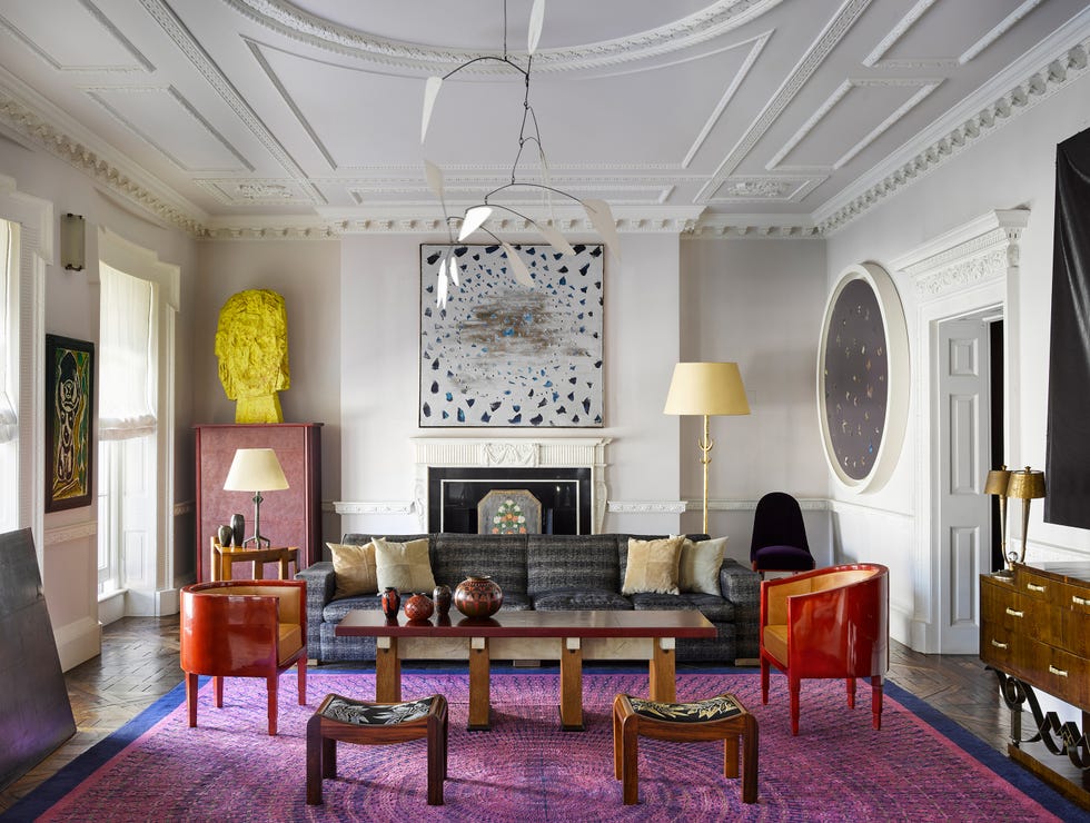 Modern living room with eclectic decor and furnishings.