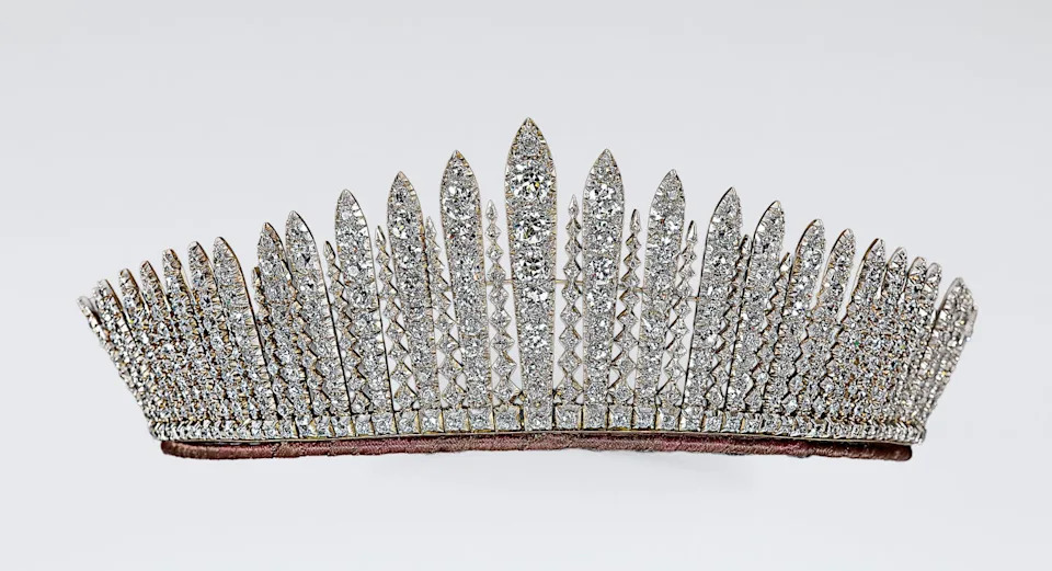 a sparkling tiara adorned with crystals in a sharp pointed design