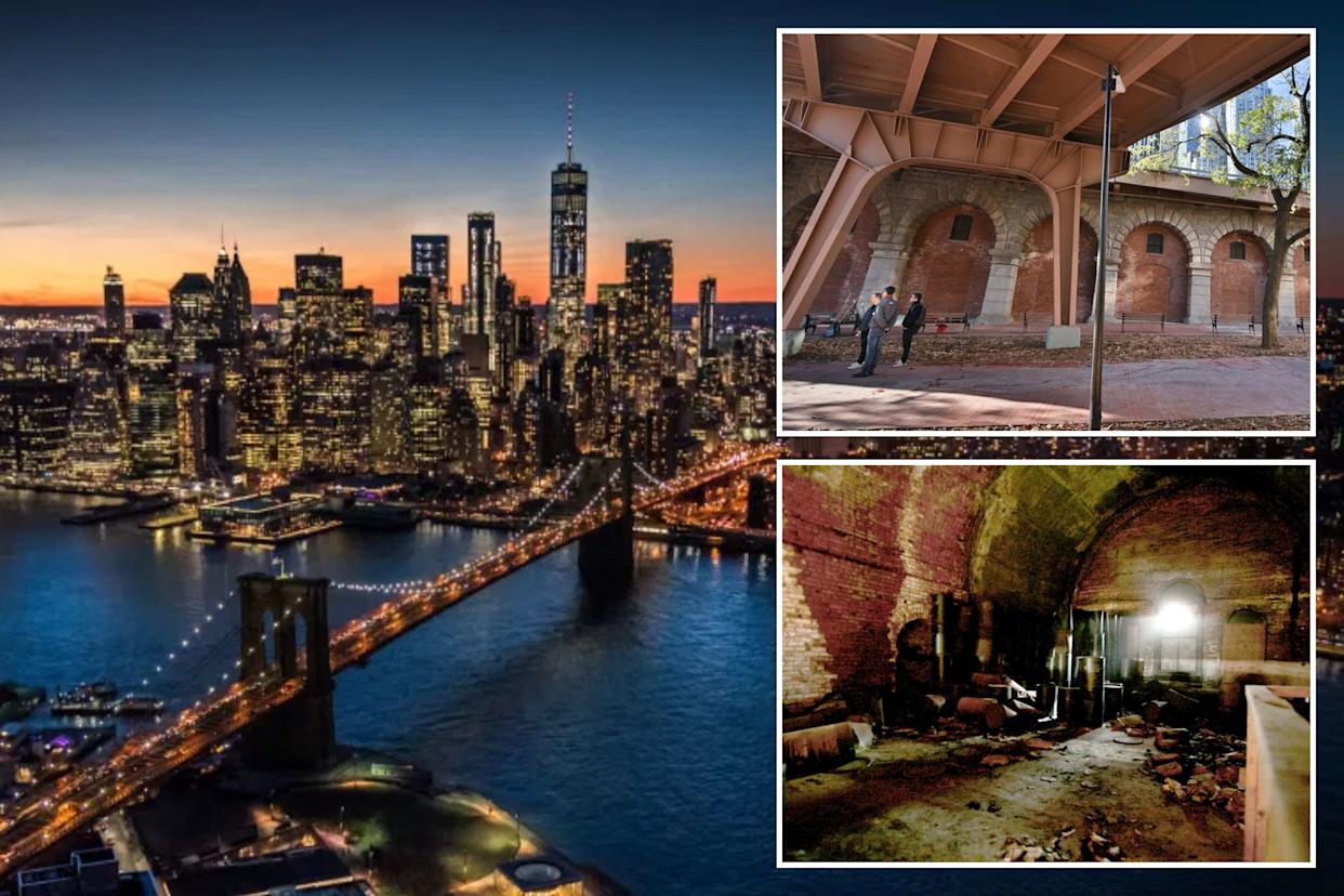 An image collage containing 3 images, Image 1 shows Aerial view of the New York City skyline and Brooklyn Bridge at dusk, with city lights reflecting on the water, Image 2 shows Emergency provisions abandoned in a nuclear disaster shelter in New York, Image 3 shows The Arches section of Gotham Park, beneath the Brooklyn Bridge, showing the recently reopened area