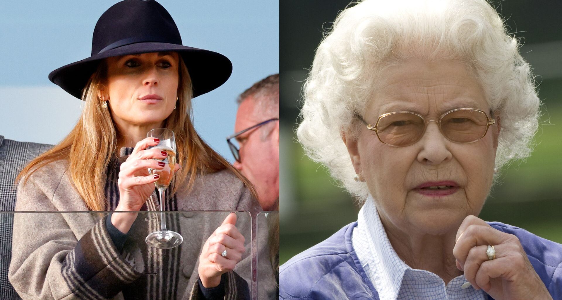 Harriet Sperling wearing a hat and brown coat drinking champagne; Queen Elizabeth looking concerned and holding her hand up