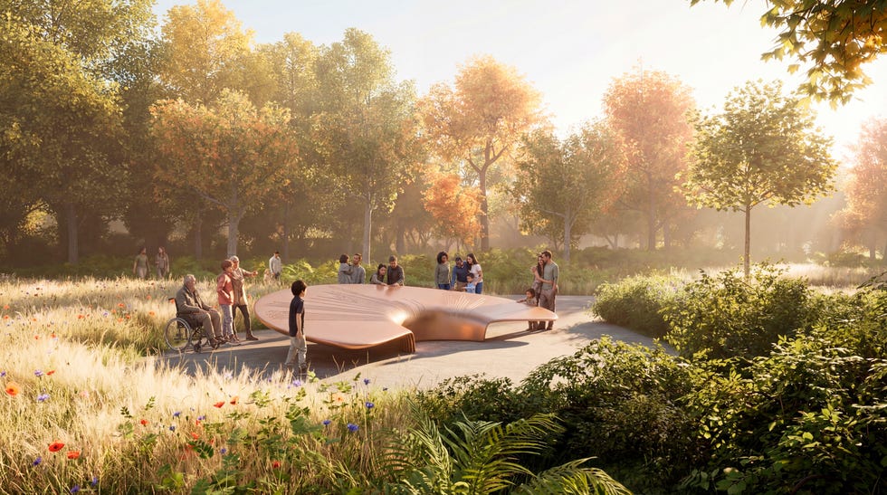 Community gathering around an interactive art installation in a park.