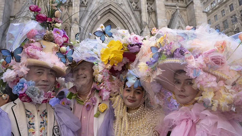 <div>NEW YORK, UNITED STATES - APRIL 20: People take part in the annual Easter Parade and Bonnet Festival outside St. Patrick's Cathedral in New York City, New York, U.S., April 20, 2025. (Photo by Mostafa Bassim/Anadolu via Getty Images)</div>