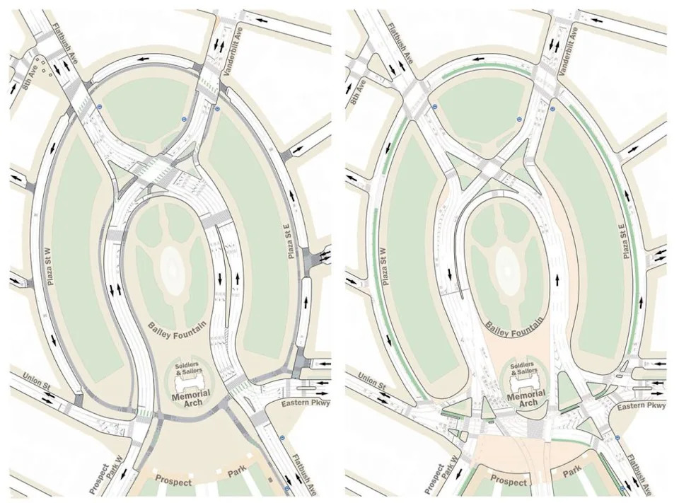 Grand Army Plaza’s current design (L) and the proposal (R) (Credit: NYC DOT)