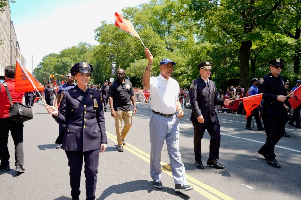 Mayor Eric Adams marches in the Albanian Parade in Manhattan. on June 21, 2025.