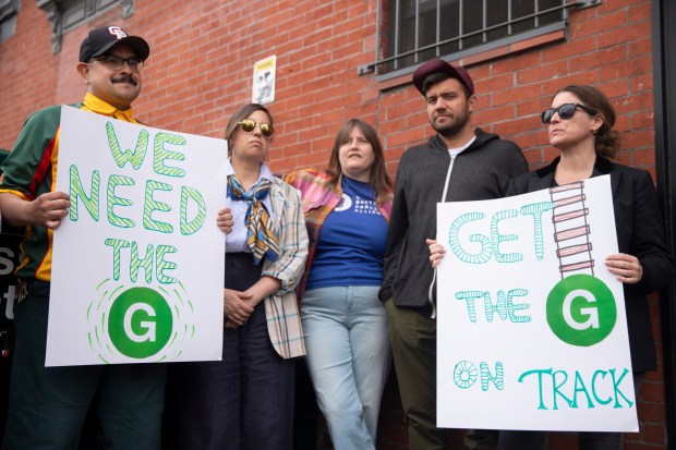 People in Greenpoint, Brooklyn rally against proposed G train subway shutdowns on Tuesday, April 28, 2026. (John McCarten / NYC Council Media Unit)