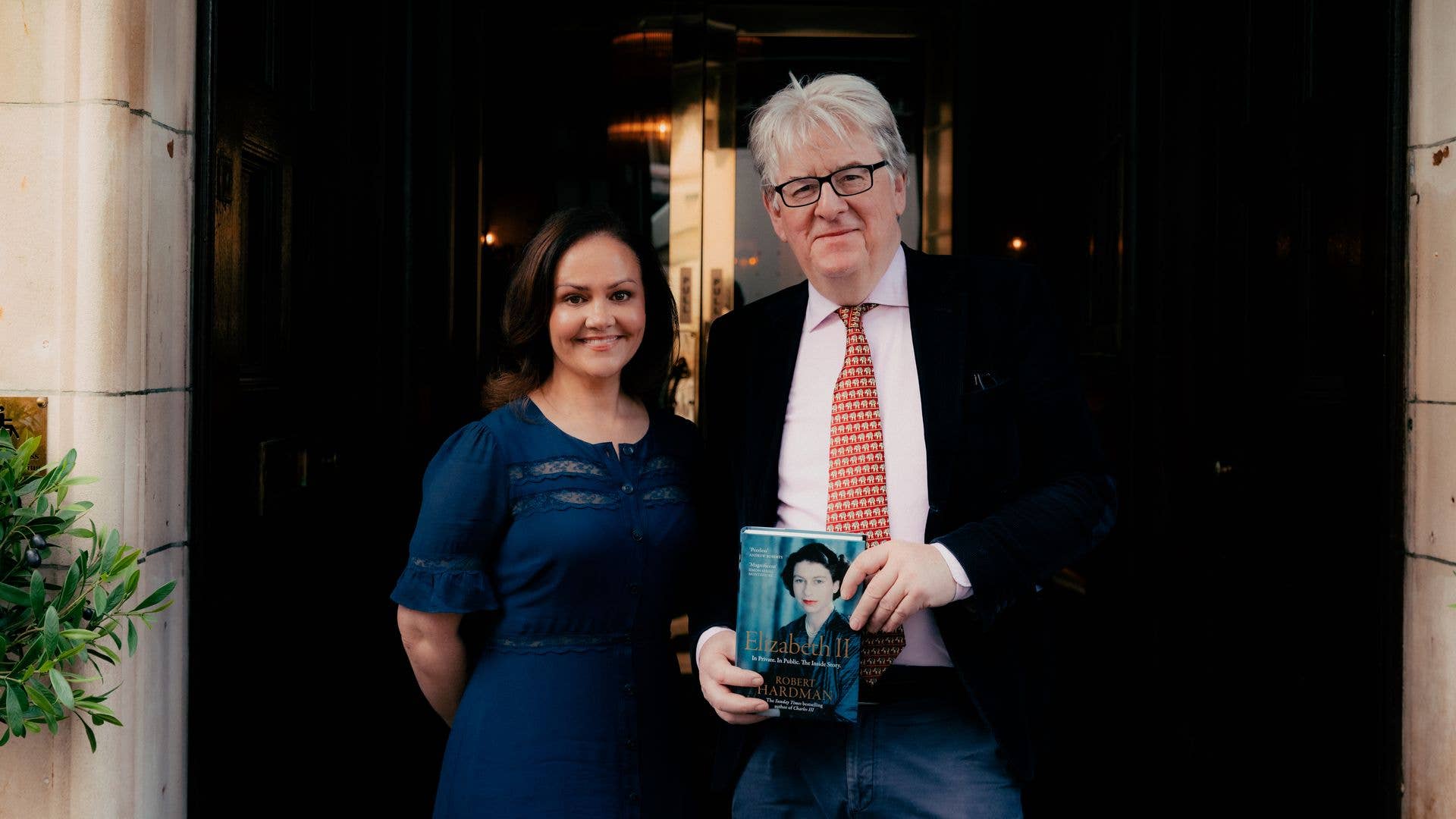 Emily Nash and Robert Hardman pose on publication day for Robert's new book Elizabeth II