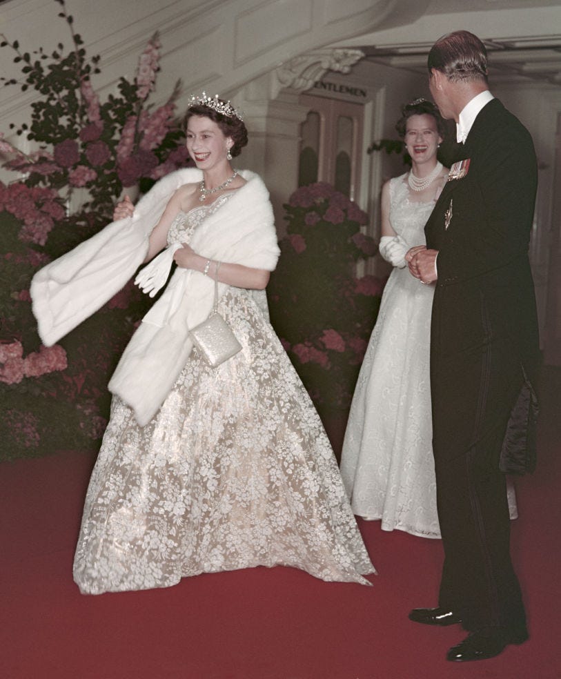 queen elizabeth ii and prince philip leave a banquet during their commonwealth visit to australia, 1954. (photo by fox photos/hulton archive/getty images)