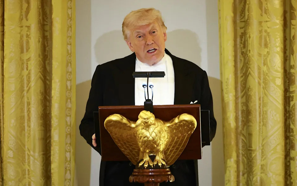 Henry Nicholls/AFP via Getty Images - PHOTO: President Donald Trump speaks as he and First Lady Melania Trump host Britain's King Charles III and Queen Camilla during a State Dinner in the East Room of the White House in Washington, April 28, 2026.