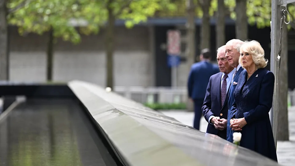 Michael Bloomberg, King Charles III and Queen Camilla during a visit to the 9/11 Memorial and Museum in New York, on day three of the state visit to the US. Picture date: Wednesday April 29, 2026. (PA)